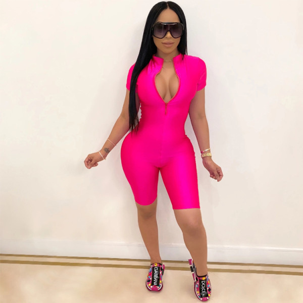 Sexy Zipper V-Neck Solid Color Sports Slim Jumpsuit  BN7104