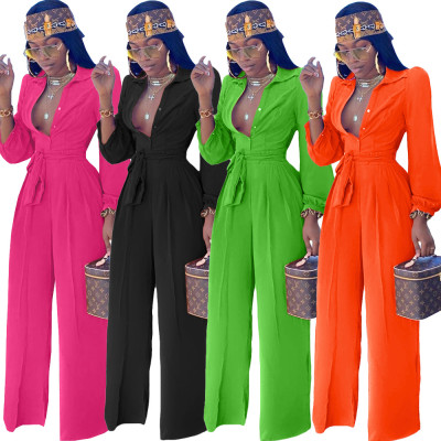 Casual shirt collar jumpsuit with belt OMY8074
