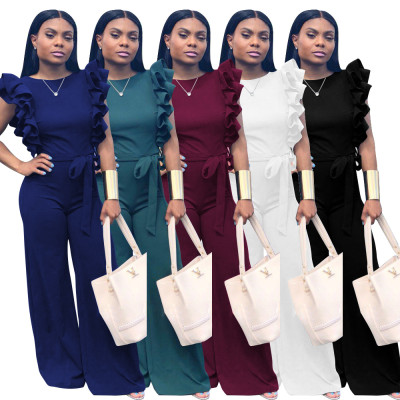 Women Solid Color Ruffled Sleeves Wide Leg Jumpsuit X9036
