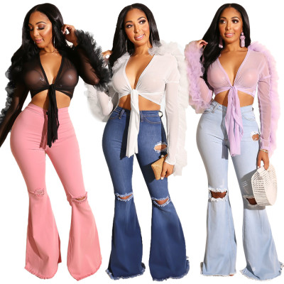 Sexy Ruffle Plain Color Long Sleeves Mesh Tied Top SY8365