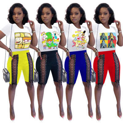 Printed casual punching eye pants set two-piece set QM3983