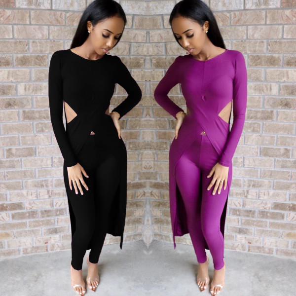 Cross-Over Design Long T-Shirt Skinny Leggings Pure Color Sets SM9058