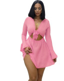 Hot Summer Deep V Collar Ruffle Sleeve Solid Dress HSY1805