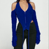 Sexy Solid Color Zipper V-Neck Strapless Backless Mesh Sleeves Mini Top K20546T