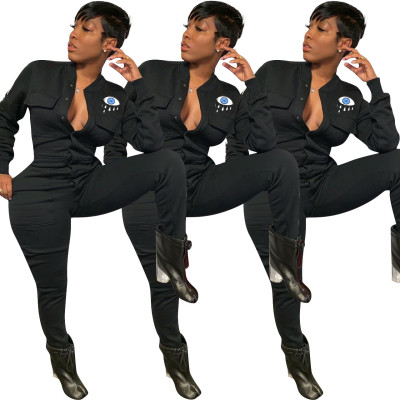 Leisure Women Polyester Bodycon Thicken Black Jumpsuit ED8161