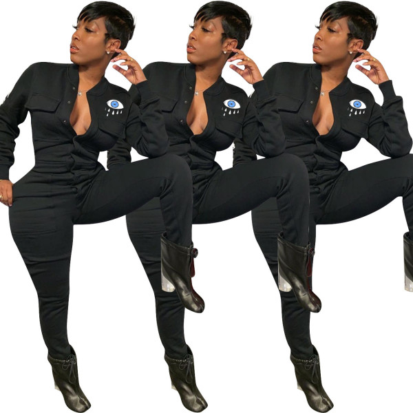 Leisure Women Polyester Bodycon Thicken Black Jumpsuit ED8161