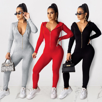 Wholesale Zipper Pure Color Long Sleeves Sport Hooded Jumpsuit MA6285