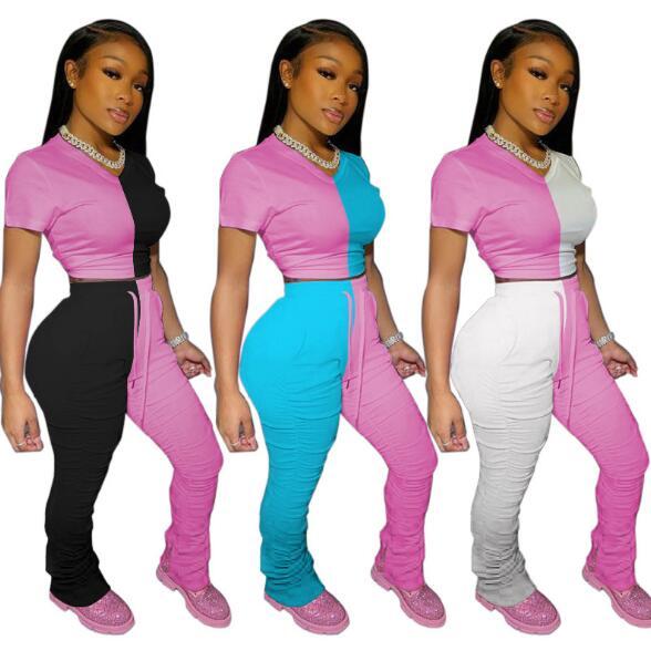 Women's Colorblock Pleated Split Micro Flare Sweatpants Two Piece Set MDF5124