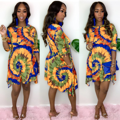 Fashion Tie Dye Printed Round Neck Long Sleeves Mini Dress SH7213