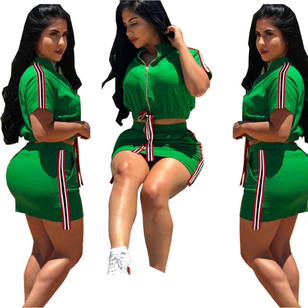 Fashion Green Leisure Webbing Patchwork Skirt Suits OMY5031
