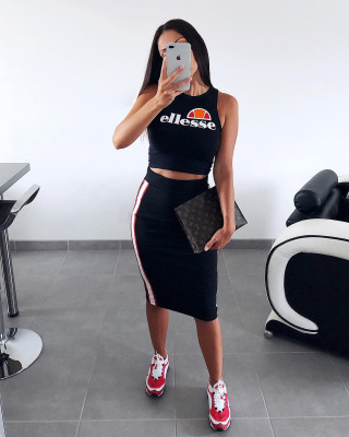 Hot Letters Printing Tank Top Stripe Patchwork Mid Skirt MTY6135