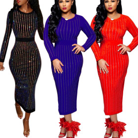Long Sleeves Striped Ankle Dress MD147