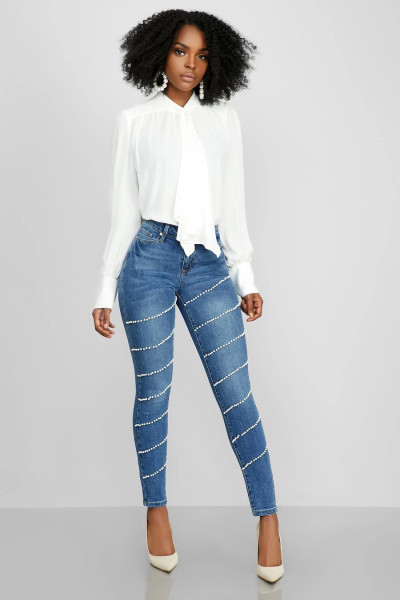 Unique Women High Waist Beading Casual Slinky Jeans MD230