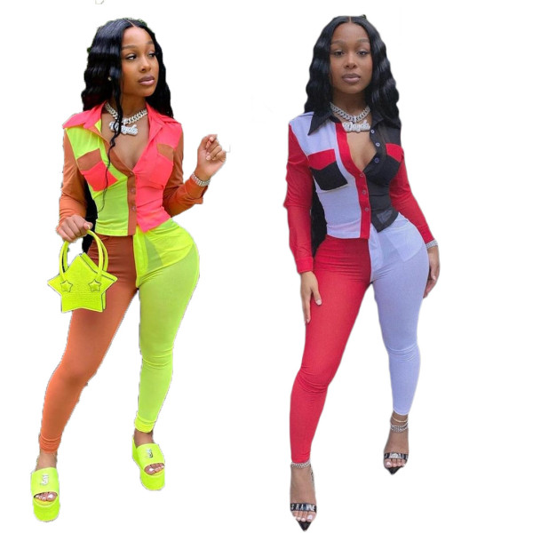 Multicolor stitching shirt two piece set R3077