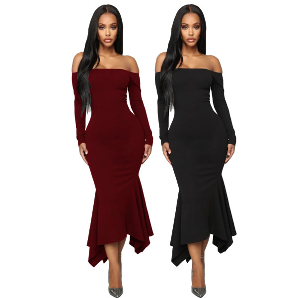 Wholesale Price Off Shoulder Black/Red Slim Fitting Ruffle Dress YT3195