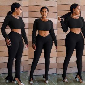 Pleated long-sleeved umbilical slit trousers solid color two-piece suit HH8926