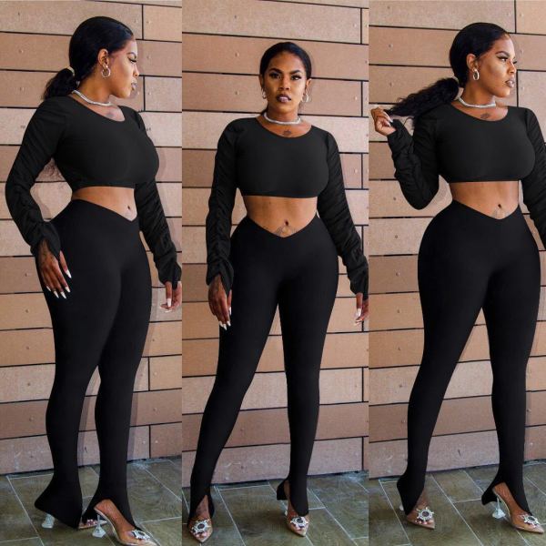 Pleated long-sleeved umbilical slit trousers solid color two-piece suit HH8926