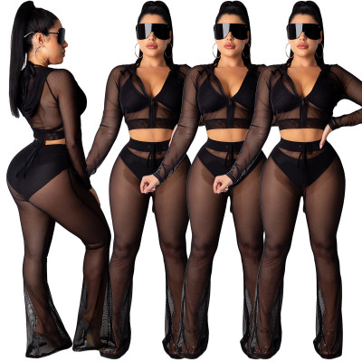 Sexy Lady See Through Mesh Suits Hooded Top Straight Pants YY5101