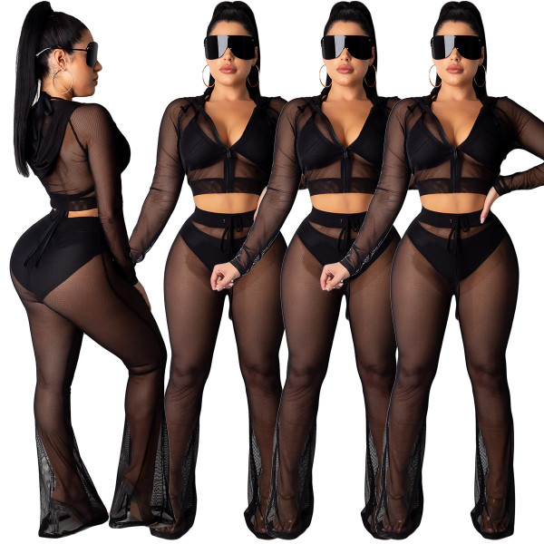 Sexy Lady See Through Mesh Suits Hooded Top Straight Pants YY5101