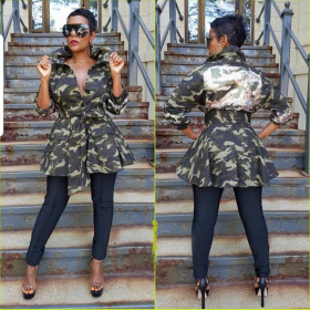 Sequins Splicing Turn Down Collar Tied Camouflage Coat LM050