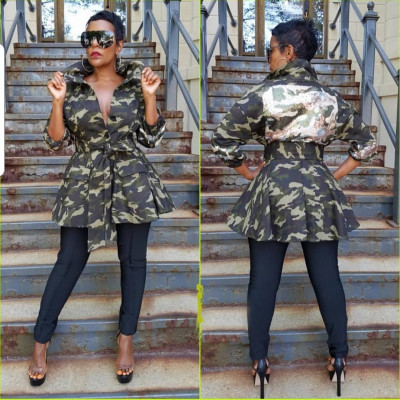 Sequins Splicing Turn Down Collar Tied Camouflage Coat LM050