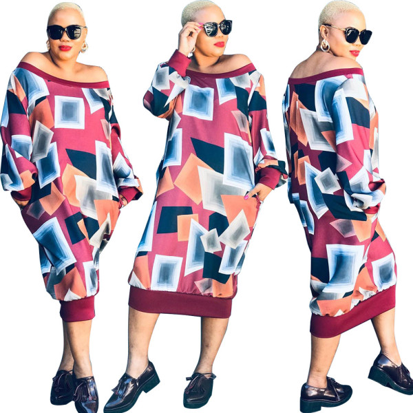 Street Style Winter Printing Off Shoulder Loose Dress HM5262
