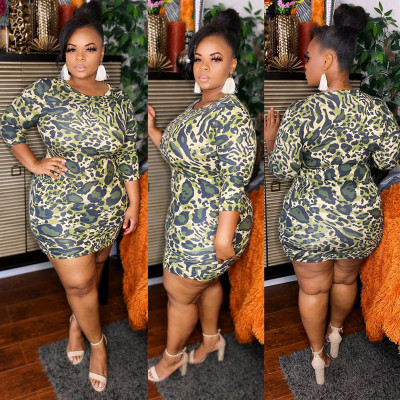 Leopard print round neck tight-fitting buttocks plus size women's dress OSS20785