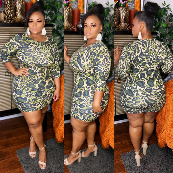 Leopard print round neck tight-fitting buttocks plus size women's dress OSS20785