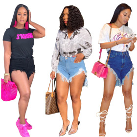 Casual 3 Colors Ripped Jeans High Waist Retro Shorts QZ3269