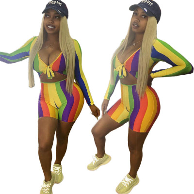 Wholesale Price Colorful Outfits Tied Crop Top Bodycon Shorts YX9135