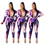 Sexy Female Long Sleeves Colorful Printed Bodycon V Collar Jumpsuit JH141