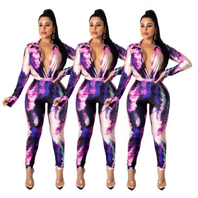 Sexy Female Long Sleeves Colorful Printed Bodycon V Collar Jumpsuit JH141