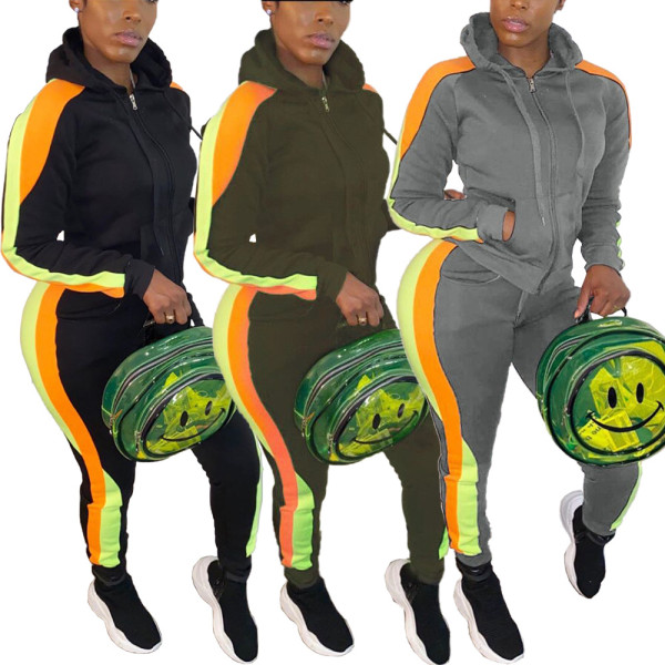 Colors Patchwork Plus Size Hooded Running Sets With Pockets HG5297