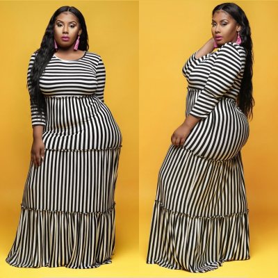 Autumn fashion size fashion black and white stripes long sexy long sleeve women's dress JLY1882