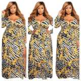 Long Sleeve V-neck High Rip Long Skirt with Belt Maxi Skirt MDF5090