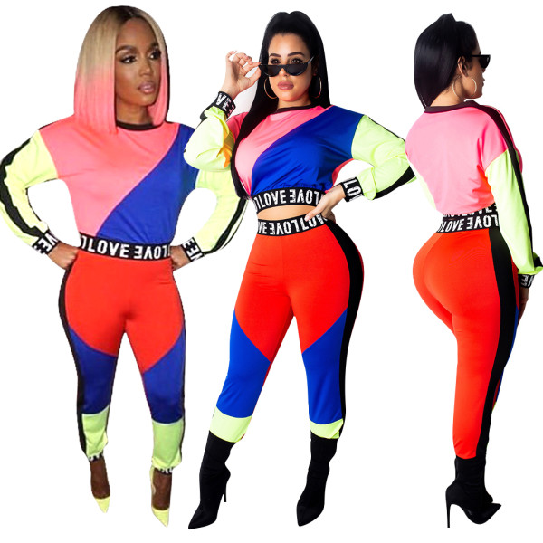 Autumn Ladies Colors Patchwork Bodycon Sport Suits QQM3809