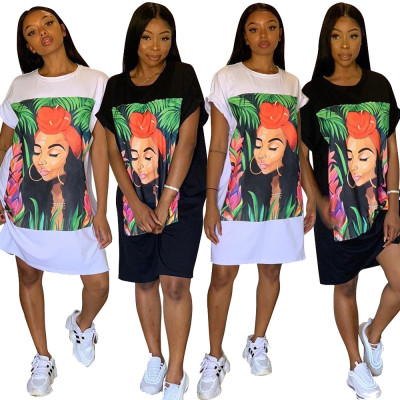 Cheap Loose Black/White Printing T-Shirt Dress TRS965