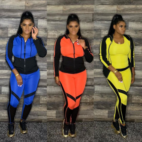Casual Contrast Zipper Long Sleeves Hooded Top With Trousers Two Piece Set HG065
