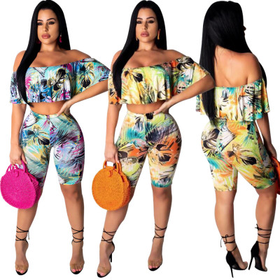 Off Shoulder Bandeau Top Flower Print Midi Shorts Sets K8745