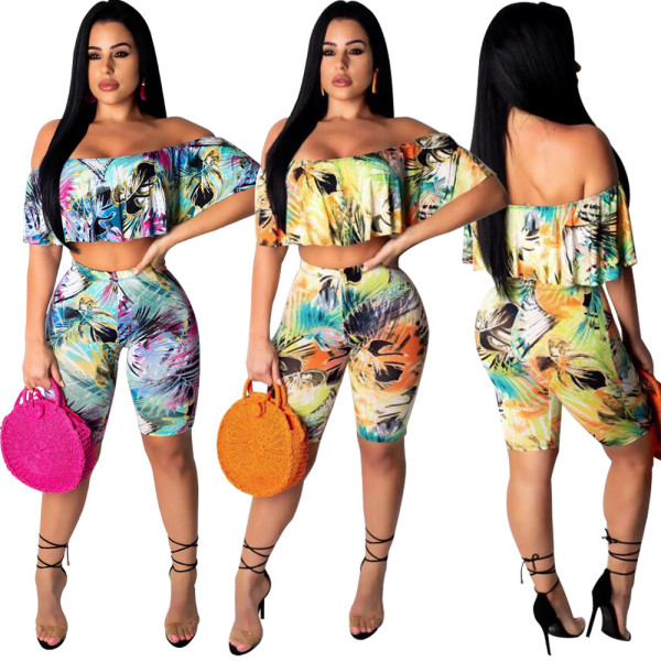 Off Shoulder Bandeau Top Flower Print Midi Shorts Sets K8745