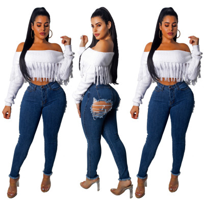 White Off Shoulder Tassel Fringe Short Sweaters YS241