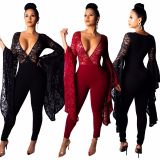 Deep V Neck Pure Color Lace Bodycon Jumpsuits QZ4039