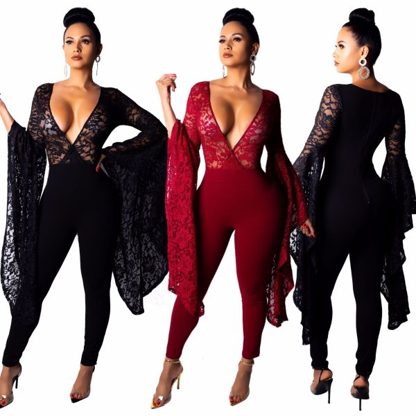 Deep V Neck Pure Color Lace Bodycon Jumpsuits QZ4039