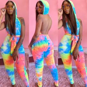 Sexy Halter Hooded Tie Dye Jumpsuit Fashion Street W880