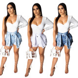 Unique High Waist Solid Color Tied Denim Shorts QZ3268