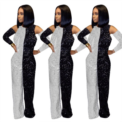Unique Contrast Color Sequin Long Jumpsuit With Detachable Sleeves Q385