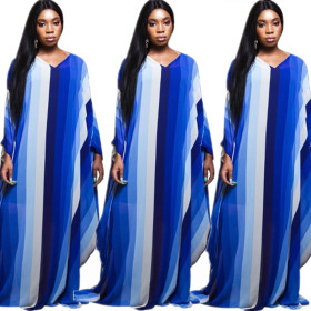 New Design Loose Fitting Gradient Stripe V Neck Maxi Dress E8153
