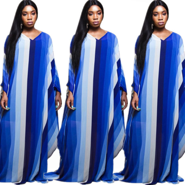 New Design Loose Fitting Gradient Stripe V Neck Maxi Dress E8153