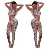 Newest Printing Bandage Outfits Sleeveless Top Skinny Pants ALS038