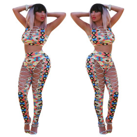 Newest Printing Bandage Outfits Sleeveless Top Skinny Pants ALS038
